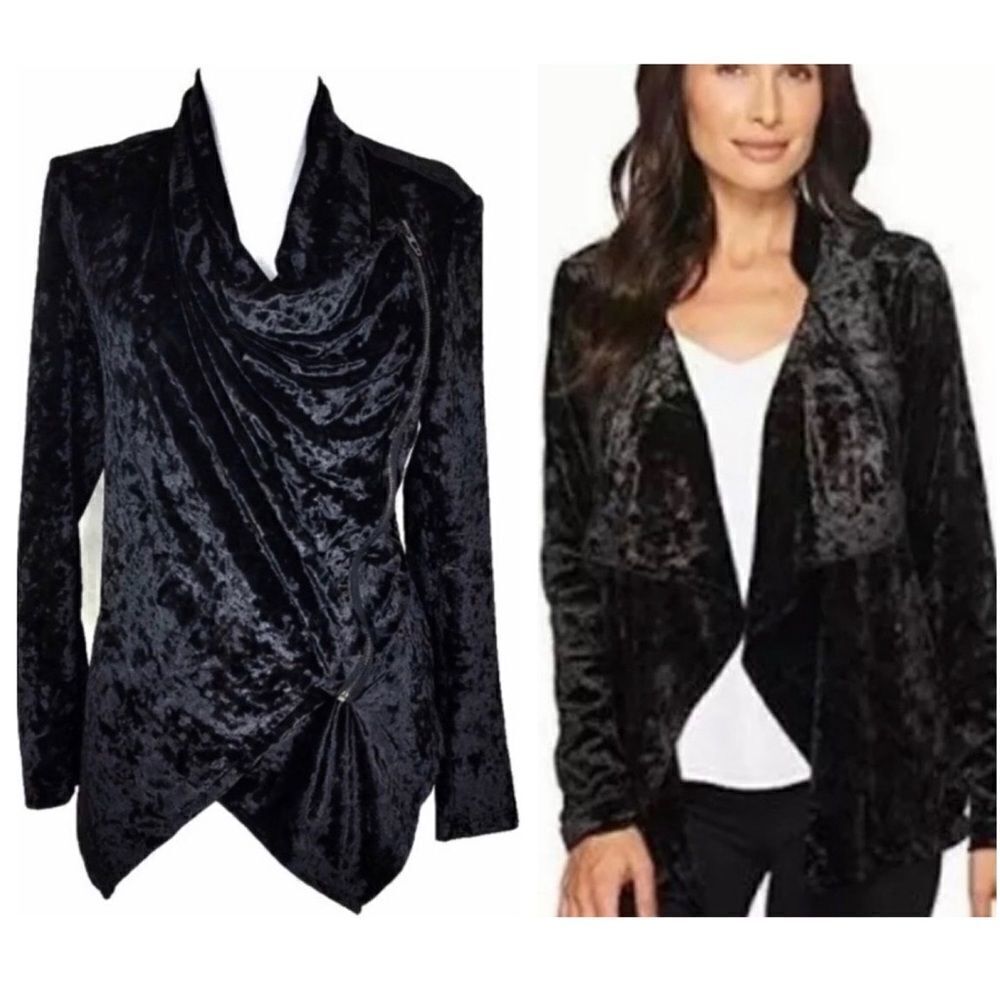 Chic Crushed Velvet Drapey Asymmetric Zipper Jacket
